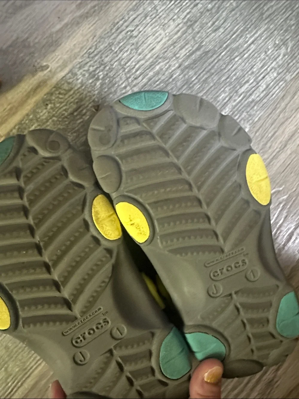 CROCS all terrain Clogs in Gray with Yellow Heel Strap kids size J1